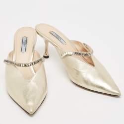 Prada Gold Leather Crystal Embellished Mules Size 40