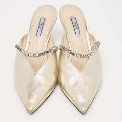 Prada Gold Leather Crystal Embellished Mules Size 40