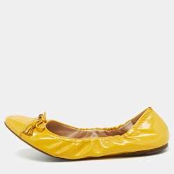 Prada Yellow Patent Leather Scrunch Bow Ballet Flats Size 38