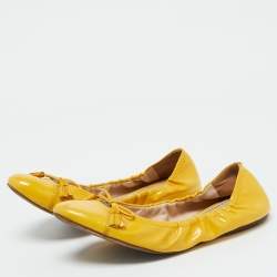 Prada Yellow Patent Leather Scrunch Bow Ballet Flats Size 38