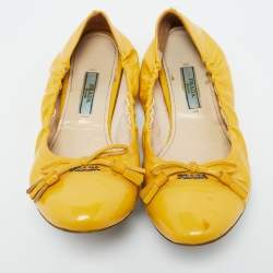 Prada Yellow Patent Leather Scrunch Bow Ballet Flats Size 38