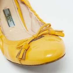 Prada Yellow Patent Leather Scrunch Bow Ballet Flats Size 38