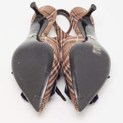 Pre Owned Prada Brown/Navy Blue Plaid Canvas and Leather Fringe Detail Lace Up Slingback Pumps Size 41