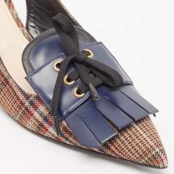 Pre Owned Prada Brown/Navy Blue Plaid Canvas and Leather Fringe Detail Lace Up Slingback Pumps Size 41