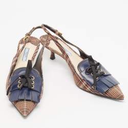 Pre Owned Prada Brown/Navy Blue Plaid Canvas and Leather Fringe Detail Lace Up Slingback Pumps Size 41