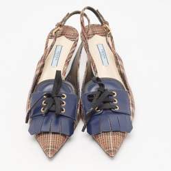 Pre Owned Prada Brown/Navy Blue Plaid Canvas and Leather Fringe Detail Lace Up Slingback Pumps Size 41