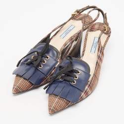 Pre Owned Prada Brown/Navy Blue Plaid Canvas and Leather Fringe Detail Lace Up Slingback Pumps Size 41