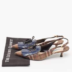 Pre Owned Prada Brown/Navy Blue Plaid Canvas and Leather Fringe Detail Lace Up Slingback Pumps Size 41