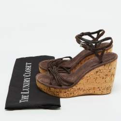 Prada Dark Brown Suede Cork Platform Wedge Ankle Strap Sandals Size 38.5
