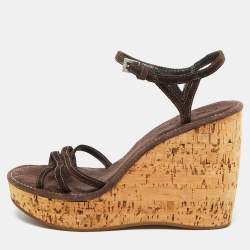 Prada Dark Brown Suede Cork Platform Wedge Ankle Strap Sandals Size 38.5