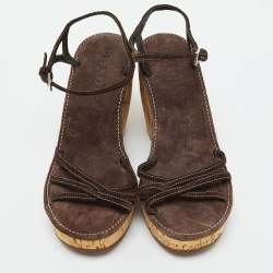 Prada Dark Brown Suede Cork Platform Wedge Ankle Strap Sandals Size 38.5