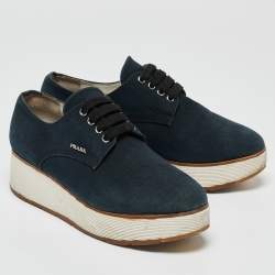 Prada Navy Blue Denim Platform Lace Up Sneakers Size 37