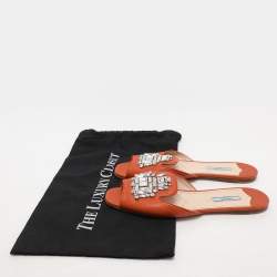 Prada Orange Saffiano Leather Embellished Flat Slides Size 41