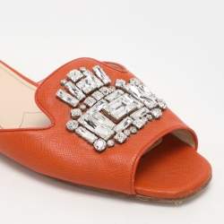 Prada Orange Saffiano Leather Embellished Flat Slides Size 41