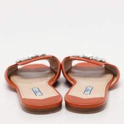 Prada Orange Saffiano Leather Embellished Flat Slides Size 41