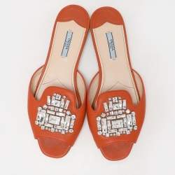 Prada Orange Saffiano Leather Embellished Flat Slides Size 41