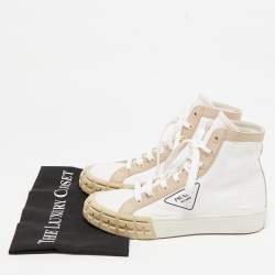 Pre Owned Prada White/Beige Canvas Gabardine High Top Sneakers Size 40