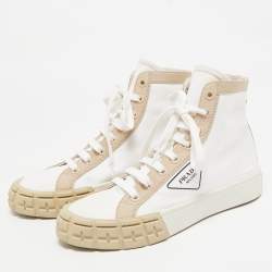 Pre Owned Prada White/Beige Canvas Gabardine High Top Sneakers Size 40