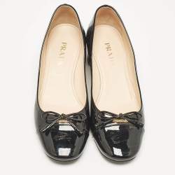 Prada Black Patent Leather Bow Cap Toe Block Heel Pumps Size 37