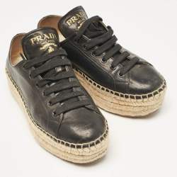 Pre Owned Prada Black Leather Espadrille Platform Lace Up Sneakers Size 36
