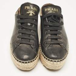 Pre Owned Prada Black Leather Espadrille Platform Lace Up Sneakers Size 36