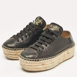 Pre Owned Prada Black Leather Espadrille Platform Lace Up Sneakers Size 36