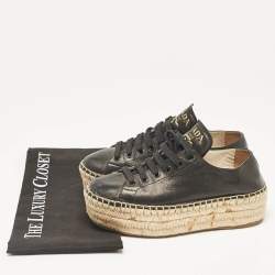 Pre Owned Prada Black Leather Espadrille Platform Lace Up Sneakers Size 36