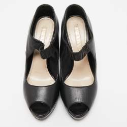 مملوكة مسبقًا Prada Black Leather Peep Toe Mary Jane Platform Pumps Size 37.5