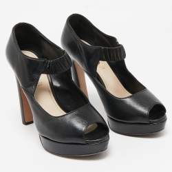 مملوكة مسبقًا Prada Black Leather Peep Toe Mary Jane Platform Pumps Size 37.5