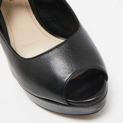 مملوكة مسبقًا Prada Black Leather Peep Toe Mary Jane Platform Pumps Size 37.5