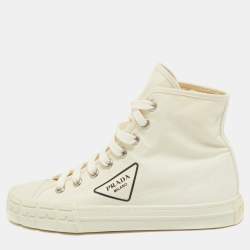 Prada Off White Canvas Gabardine High Top Sneakers Size 40