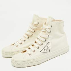 Prada Off White Canvas Gabardine High Top Sneakers Size 40