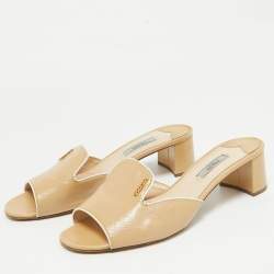 Prada Beige Patent Saffiano Leather Block Heel Slide Sandals Size 39