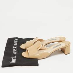 Prada Beige Patent Saffiano Leather Block Heel Slide Sandals Size 39