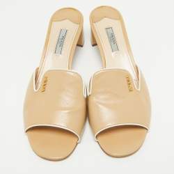 Prada Beige Patent Saffiano Leather Block Heel Slide Sandals Size 39