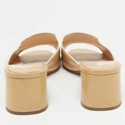 Prada Beige Patent Saffiano Leather Block Heel Slide Sandals Size 39