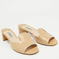 Prada Beige Patent Saffiano Leather Block Heel Slide Sandals Size 39