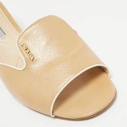Prada Beige Patent Saffiano Leather Block Heel Slide Sandals Size 39