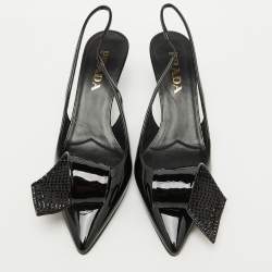 Prada Black Patent Leather Crystal Embellished Slingback Pumps Size 37