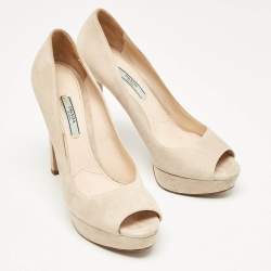 Prada Beige Suede Peep Toe Platform Pumps Size 39.5