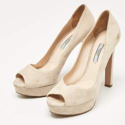 Prada Beige Suede Peep Toe Platform Pumps Size 39.5