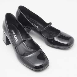 Prada Black Patent Leather Mary Jane Block Heel Pumps Size 37