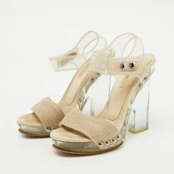 Prada Beige Canvas and PVC Clear Heel Platform Ankle Strap Sandals Size 36