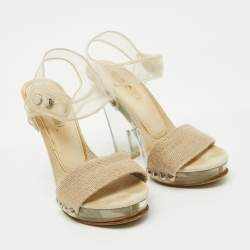 Prada Beige Canvas and PVC Clear Heel Platform Ankle Strap Sandals Size 36