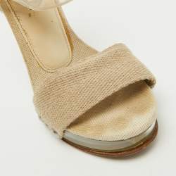 Prada Beige Canvas and PVC Clear Heel Platform Ankle Strap Sandals Size 36