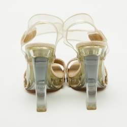 Prada Beige Canvas and PVC Clear Heel Platform Ankle Strap Sandals Size 36