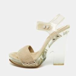 Prada Beige Canvas and PVC Clear Heel Platform Ankle Strap Sandals Size 36