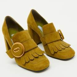Prada Green Suede Fringe Block Heel Pumps Size 37