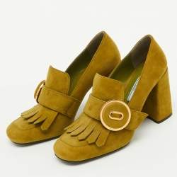 Prada Green Suede Fringe Block Heel Pumps Size 37
