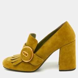 Prada Green Suede Fringe Block Heel Pumps Size 37